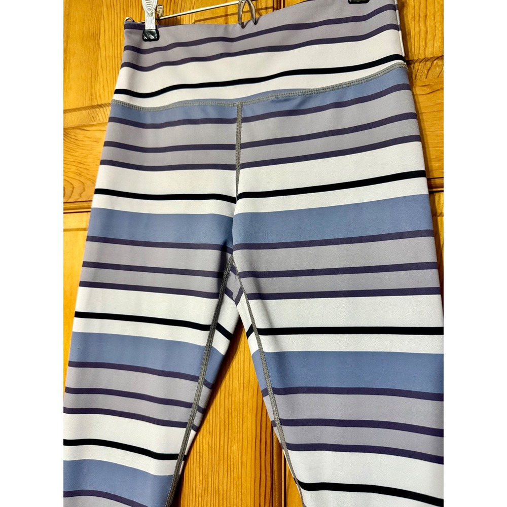 ZYIA Active Striped Light Blue Gray White High Waisted Crop Leggings - Picture 2 of 5